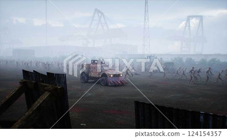 zombie car and walking crowed zombies. Apocalyptic concept. 3d rendering. zombie car and walking crowed zombies. Apocalyptic concept. 3d rendering. 124154357
