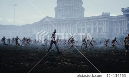 USA, America apocalypse. Zombie walks near Capitol, crowd of zombies. 3d rendering. USA, America apocalypse. Zombie walks near Capitol, crowd of zombies. 3d rendering. 124154363