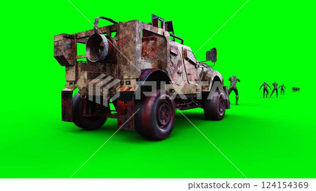 zombie car drives and hits zombies. Apocalyptic concept. Green screen isolate. 3d rendering. zombie car drives and hits zombies. Apocalyptic concept. Green screen isolate. 3d rendering. 124154369