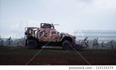 zombie car and walking crowed zombies. Apocalyptic concept. 3d rendering. zombie car and walking crowed zombies. Apocalyptic concept. 3d rendering. 124154374