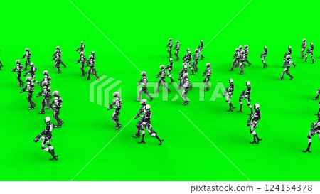 a crowd of walking robots with weapons. green screen.3d rendering. a crowd of walking robots with weapons. green screen.3d rendering. 124154378