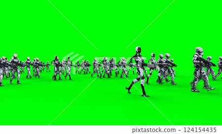 a crowd of walking robots with weapons. green screen.3d rendering. a crowd of walking robots with weapons. green screen.3d rendering. 124154435