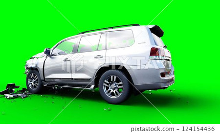 Generic 3d car crash test. Car destruction. Green screen isolate. 3 rendering, Generic 3d car crash test. Car destruction. Green screen isolate. 3 rendering, 124154436