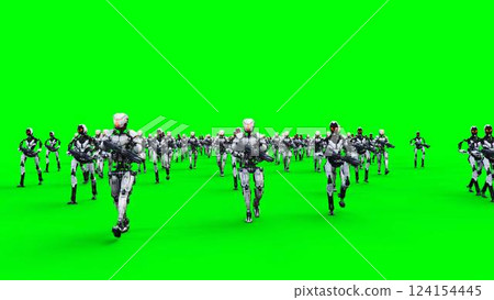 a crowd of walking robots with weapons. green screen.3d rendering. a crowd of walking robots with weapons. green screen.3d rendering. 124154445
