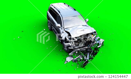 Generic 3d car crash test. Car destruction. Green screen isolate. 3 rendering, Generic 3d car crash test. Car destruction. Green screen isolate. 3 rendering, 124154447