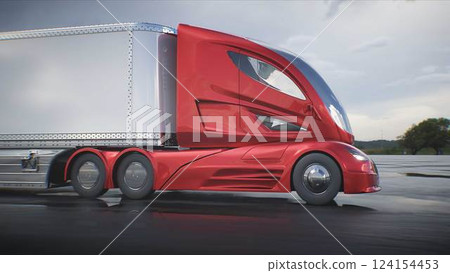 Futuristic electric cargo semi truck very fast driving on desert stone highway. Futuristic concept. 3d rendering. 124154453