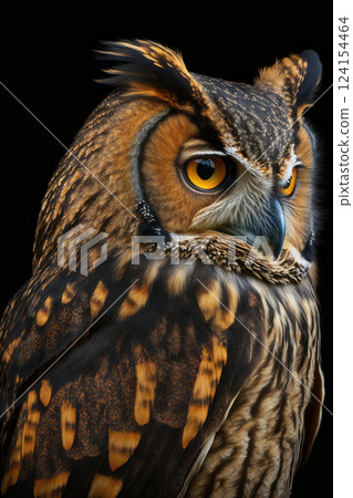 AI generated Owl showing its plumage and staring on dark background 124154464