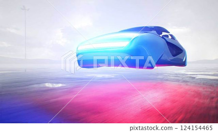 Futuristic flying car very fast driving on desert stone highway. Futuristic concept. 3d rendering. 124154465