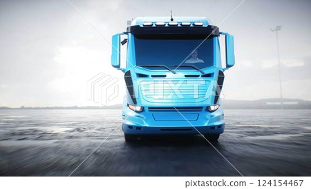 Cargo truck very fast driving on desert stone highway. Business concept. 3d rendering. 124154467