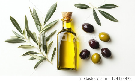 AI generated Olive oil bottle, green and black olives and olive branch lying on white background AI generated Olive oil bottle, green and black olives and olive branch lying on white background 124154472