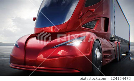 Futuristic electric cargo semi truck very fast driving on desert stone highway. Futuristic concept. 3d rendering. 124154473