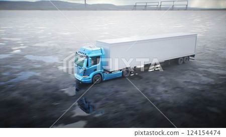 Cargo truck very fast driving on desert stone highway. Business concept. 3d rendering. 124154474