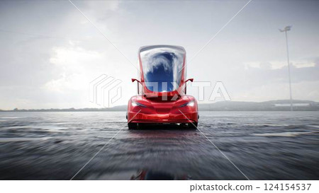 Futuristic electric cargo semi truck very fast driving on desert stone highway. Futuristic concept. 3d rendering. 124154537