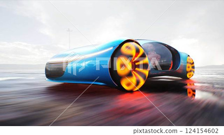 Futuristic electric car very fast driving on desert stone highway. Futuristic concept. 3d rendering. 124154602