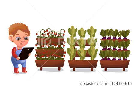 Illustration of a child doing gardening and animal husbandry 124154616