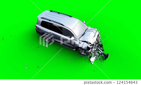 Generic 3d car crash test. Car destruction. Green screen isolate. 3 rendering, 124154643