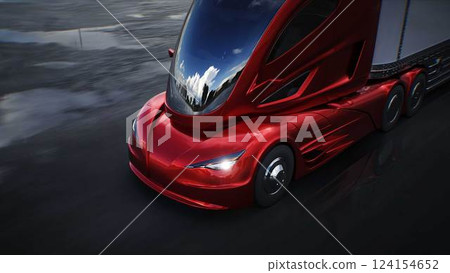 Futuristic electric cargo semi truck very fast driving on desert stone highway. Futuristic concept. 3d rendering. 124154652