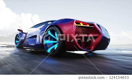 Futuristic electric car very fast driving on desert stone highway. Futuristic concept. 3d rendering 124154653