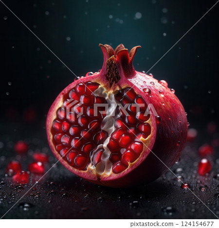 AI generated Juicy pomegranate opening, releasing seeds on dark background 124154677