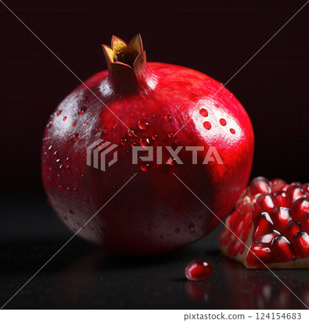 AI generated Ripe pomegranate fruit with water droplets and open section 124154683