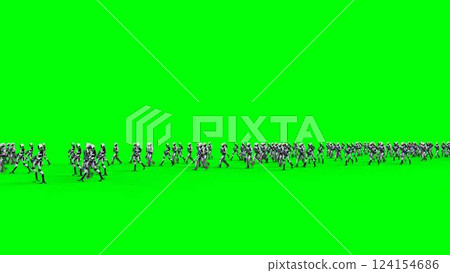 a crowd of walking robots with weapons. green screen.3d rendering. a crowd of walking robots with weapons. green screen.3d rendering. 124154686