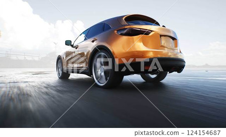 Luxury suv car very fast driving on desert stone highway. Business concept. 3d rendering. Luxury suv car very fast driving on desert stone highway. Business concept. 3d rendering. 124154687