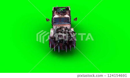 zombie car drives and hits zombies. Apocalyptic concept. Green screen isolate. 3d rendering. zombie car drives and hits zombies. Apocalyptic concept. Green screen isolate. 3d rendering. 124154691