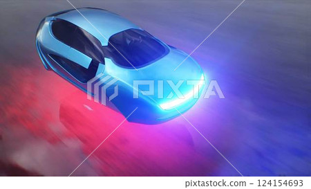 Futuristic flying car very fast driving on desert stone highway. Futuristic concept. 3d rendering. 124154693