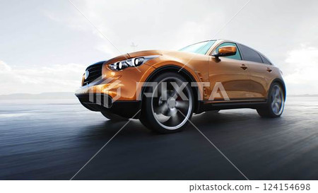 Luxury suv car very fast driving on desert stone highway. Business concept. 3d rendering. 124154698