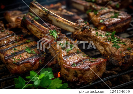 AI generated Juicy greek lamb chops grilling to perfection on barbecue 124154699