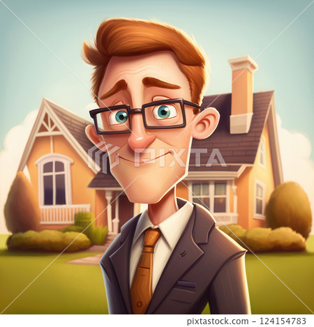 AI generated Smiling realtor standing in front of house, cartoon avatar 124154783