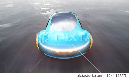 Futuristic electric car very fast driving on desert stone highway. Futuristic concept. 3d rendering. Futuristic electric car very fast driving on desert stone highway. Futuristic concept. 3d rendering. 124154855