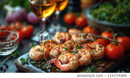AI generated Gourmet shrimps seasoned with thyme and pepper, resting on a wooden cutting board 124154866