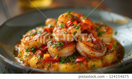 AI generated Gourmet shrimps and potatoes with red bell pepper and parsley creating a delicious meal 124154875