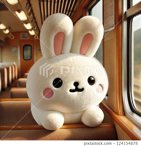 A rabbit looking out from a train seat 124154878