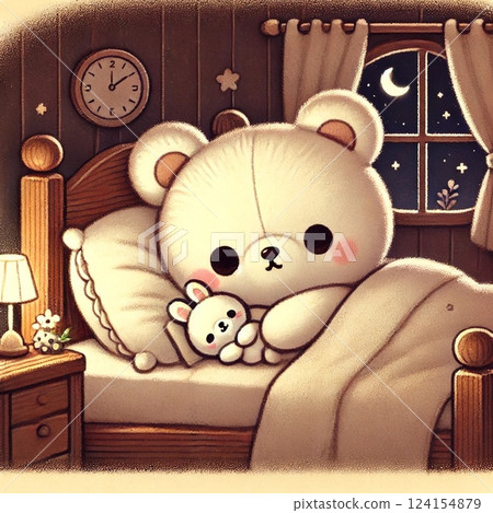 一隻熊在房間的床上休息 一隻熊在房間的床上休息 124154879