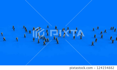 a crowd of walking soldiers with weapons. green screen. War, conflict concept. 3d rendering 124154882