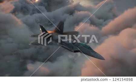 Military fighter jet F-22 flying over clouds. Air force. 3d rendering. Military fighter jet F-22 flying over clouds. Air force. 3d rendering. 124154898