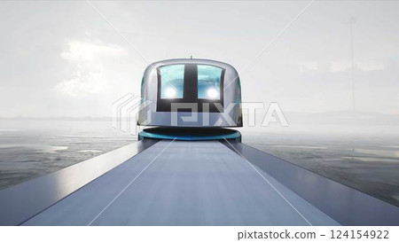 Futuristic train very fast driving on desert stone highway. Futuristic concept. 3d rendering. Futuristic train very fast driving on desert stone highway. Futuristic concept. 3d rendering. 124154922