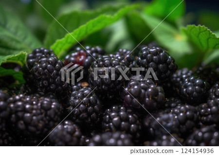 AI generated Fresh ripe blackberries showing texture and shine with green leaves AI generated Fresh ripe blackberries showing texture and shine with green leaves 124154936