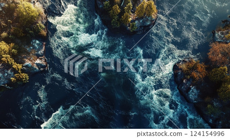 Ai generated fast river flowing through rocks and trees aerial view Ai generated fast river flowing through rocks and trees aerial view 124154996
