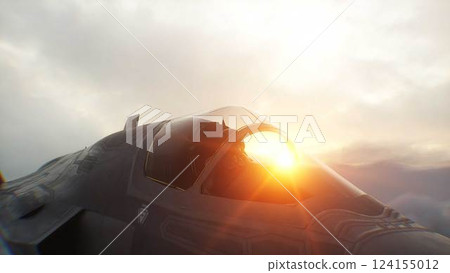 Military fighter jet F-35 flying over clouds. Air force. 3d rendering. 124155012