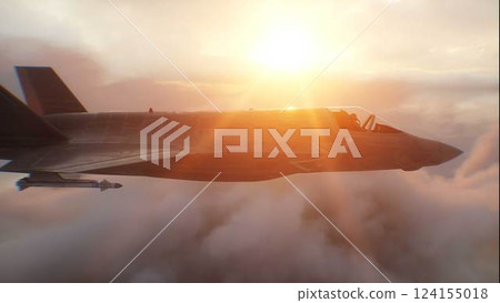 Military fighter jet F-35 flying over clouds. Air force. 3d rendering. 124155018
