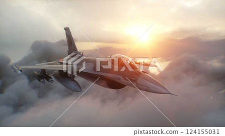 Military fighter jet F-16 flying over clouds. Air force. 3d rendering. 124155031