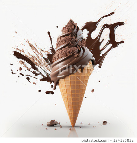 AI generated Delicious chocolate ice cream cone covered in melted chocolate on white background 124155032