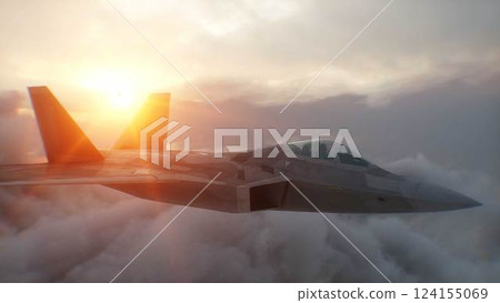 Military fighter jet F-22 flying over clouds. Air force. 3d rendering. 124155069