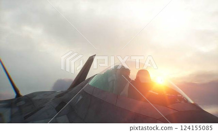 Military fighter jet F-22 flying over clouds. Air force. 3d rendering. Military fighter jet F-22 flying over clouds. Air force. 3d rendering. 124155085