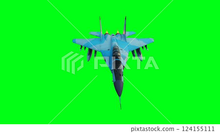 Russian military fighter jet MIG -35 flying over clouds. Air force. 124155111