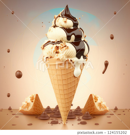 AI generated Delicious ice cream cone dripping with chocolate sauce and cookie crumbles 124155202