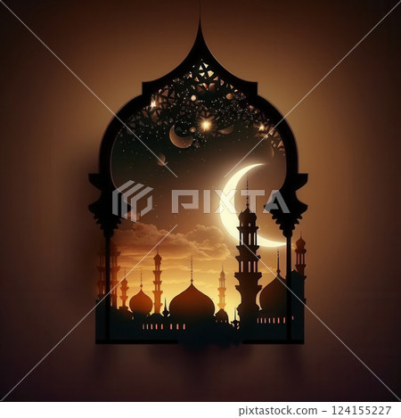 AI generated Crescent moon shining over mosques in arabian night, islamic holiday celebration 124155227